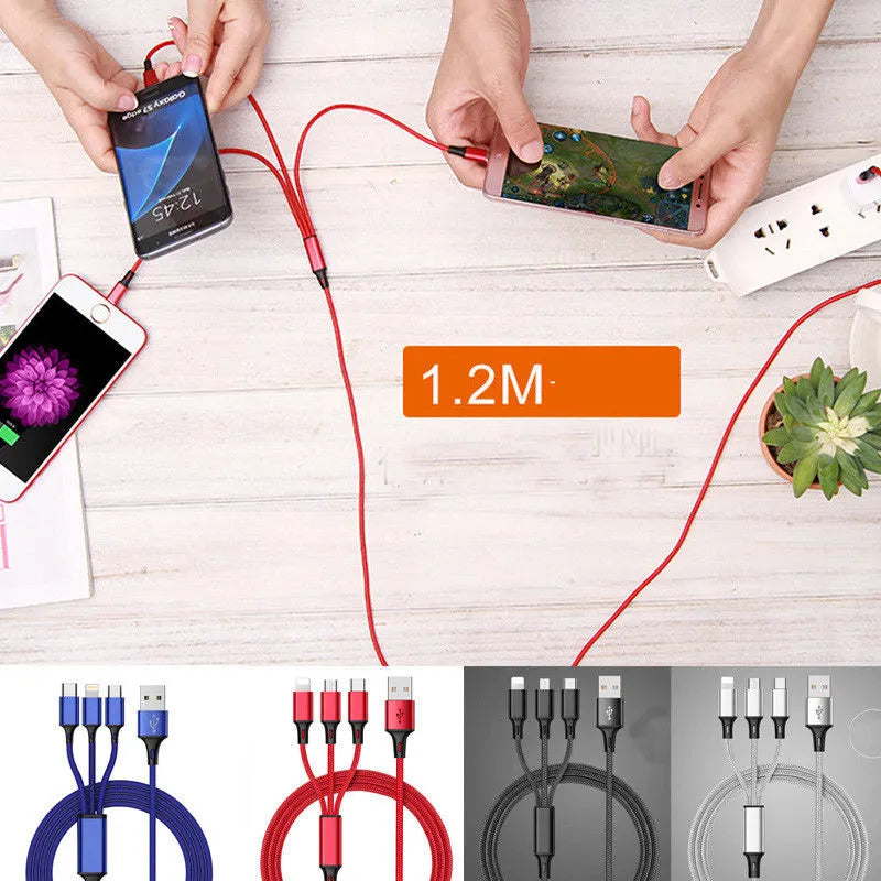 Braided 3-in-1 universal charging cable with aluminium connectors in multiple colours