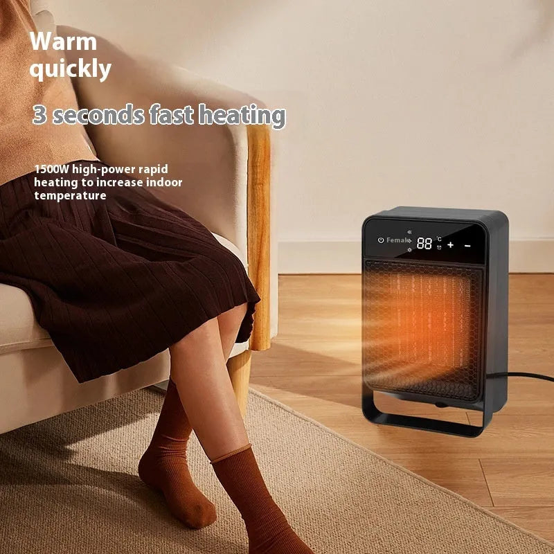 Desktop warm air blower electric heater with touch screen display and remote control on desk