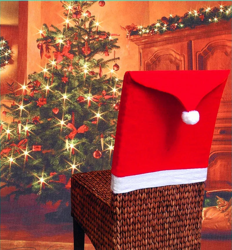 Christmas chair covers set with Santa Claus and Snowman designs for standard dining chairs with Santa hat accessories