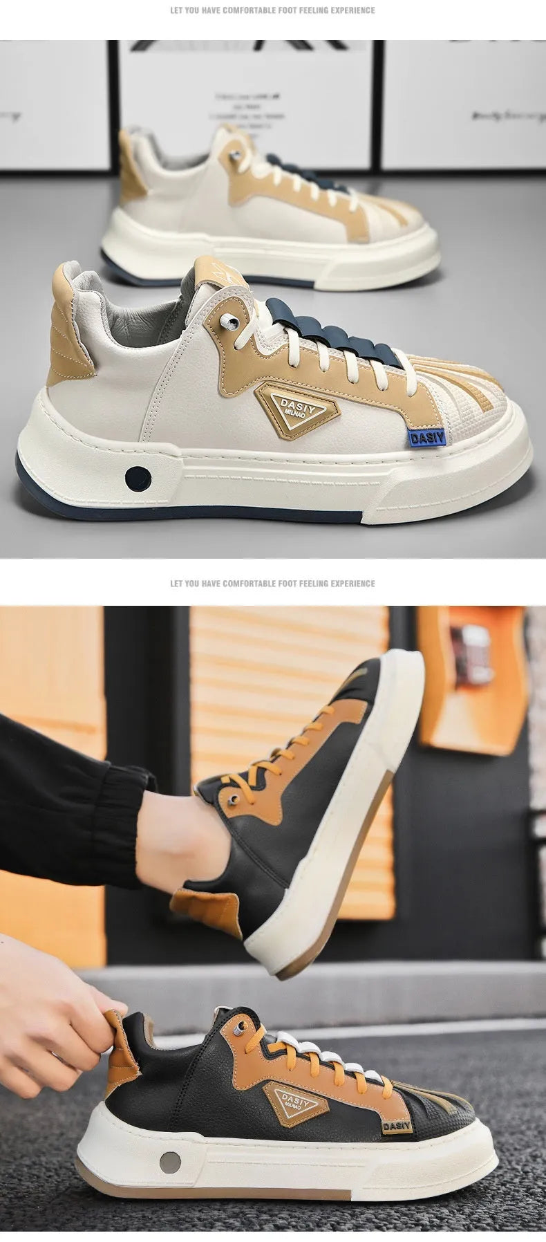 Men's beige casual sneakers with elastic band fastening and microfiber upper