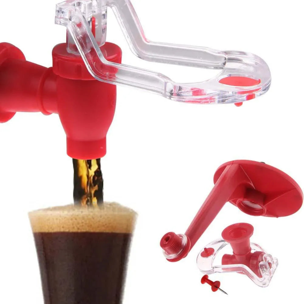 Red plastic Magic Tap soda bottle dispenser attached to a 2-litre drink bottle