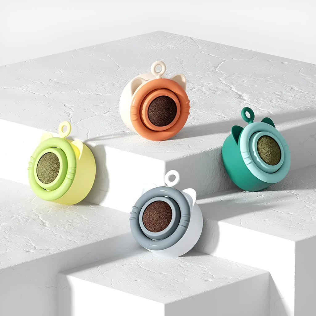 ABS cat molar toy with catnip in Mint or gall fruit style, four colour options, and replacement balls.