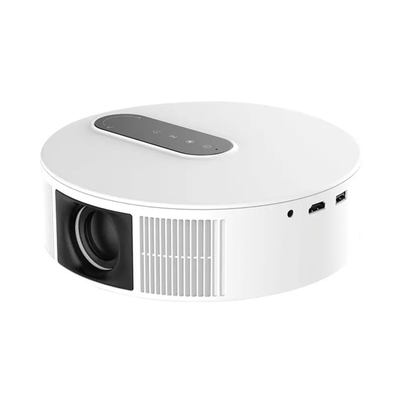 White home cinema projector with remote control on a table, showing 720p HD resolution specification.