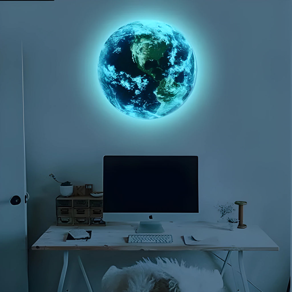 Glow in the dark 3D planet Earth wall sticker in PVC material showing luminous effect