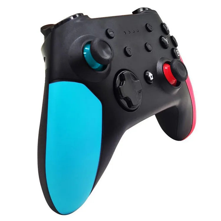 Bluetooth gamepad controller for Switch, PC, and Android in red and blue colour options.