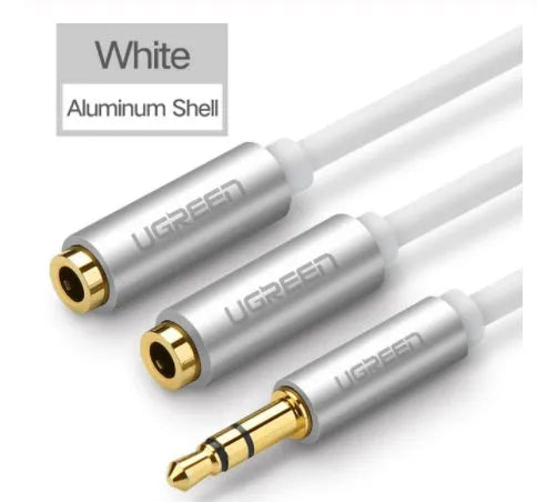 20cm black earphone cable with gold-plated 3.5mm connectors beside grey and white colour options