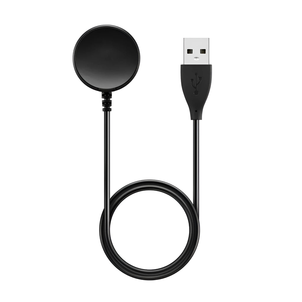 Small black plastic USB charger for smartwatches with a connected cable.