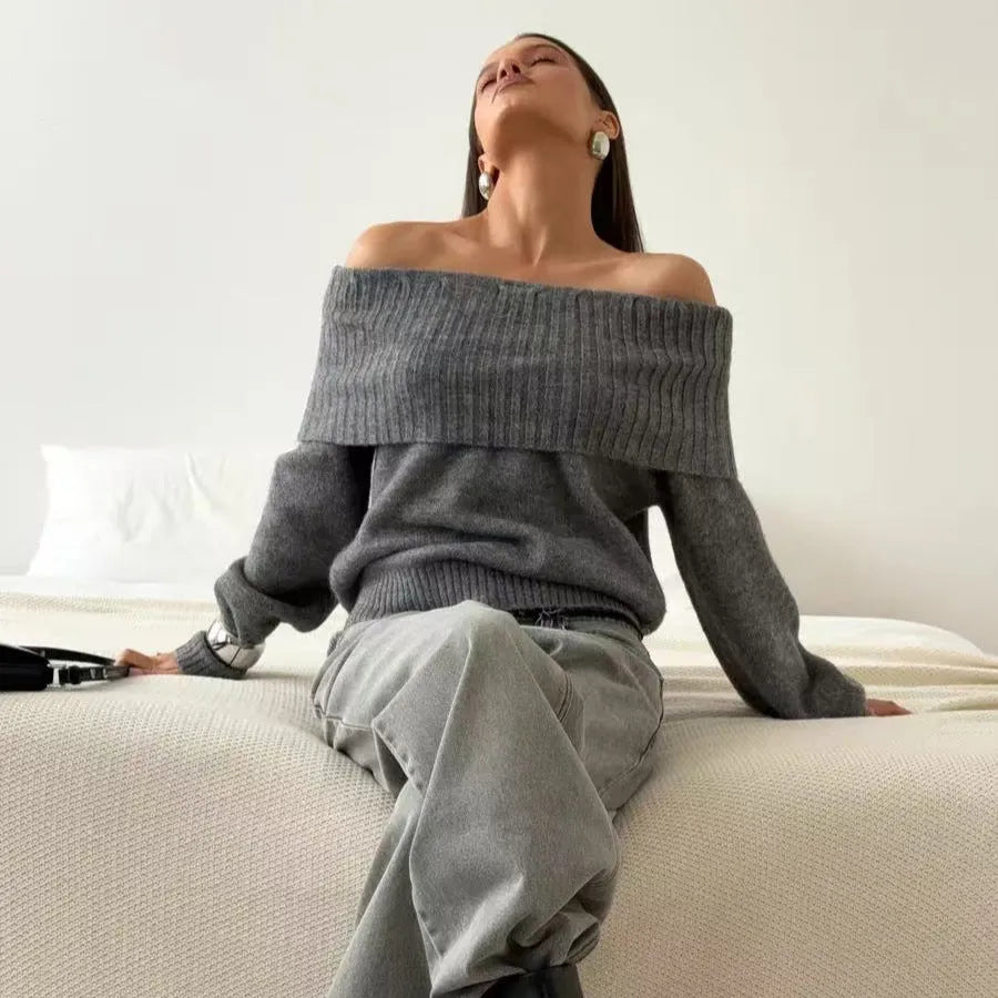 Gray off-the-shoulder acrylic sweater with 3D pattern effect and regular sleeves