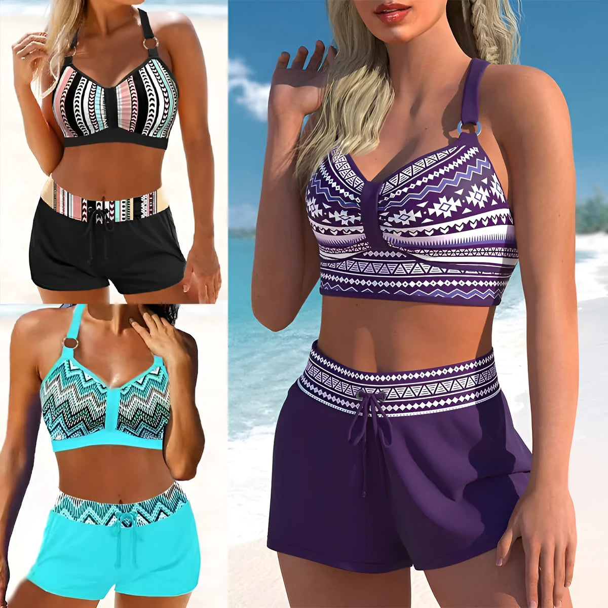 Women's two-piece polyester swimsuit bikini set available in multiple sizes and print colours