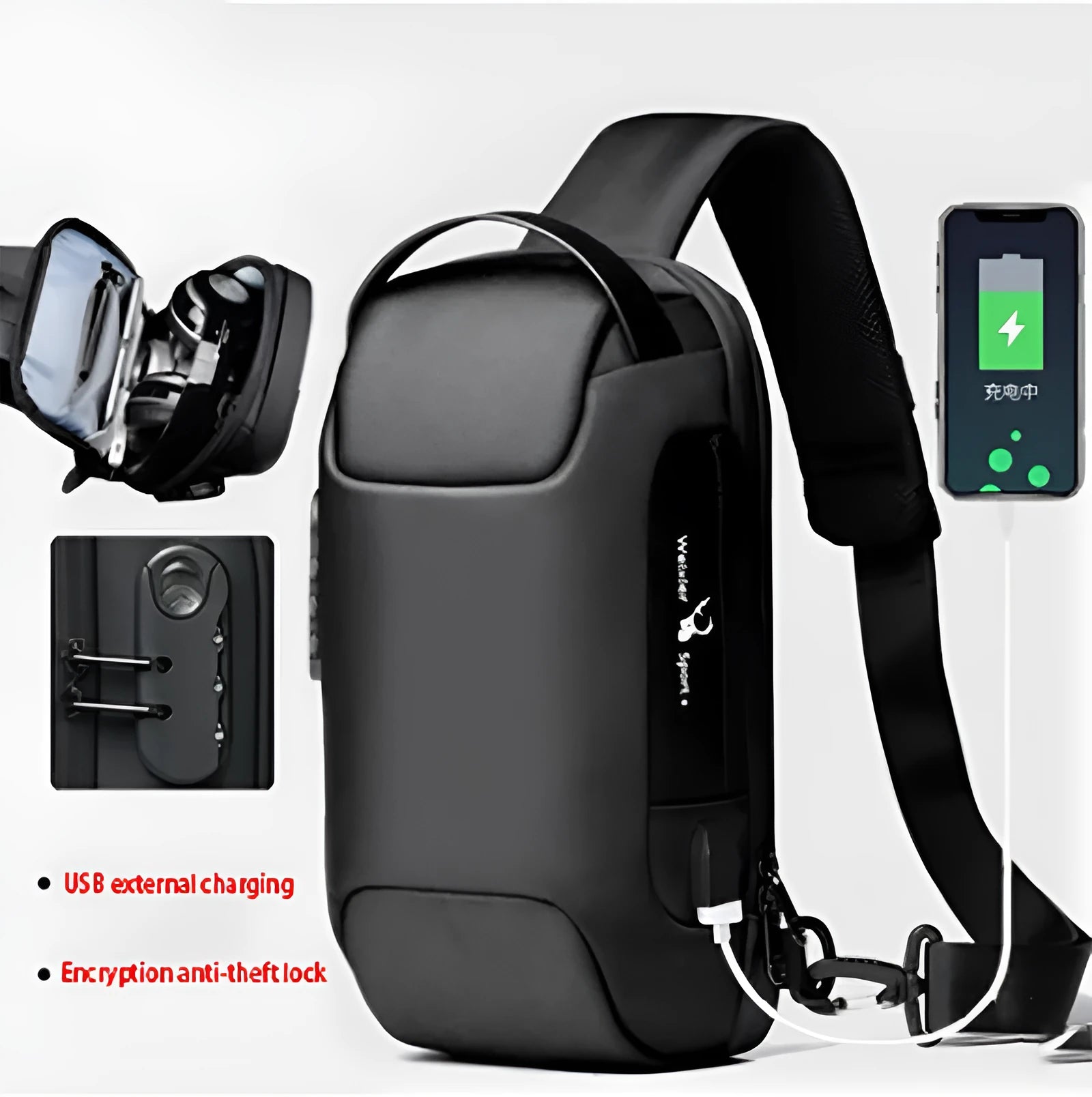 Men's black Oxford cloth crossbody bag showing front zipper and shoulder strap, with internal phone and laptop pockets visible.