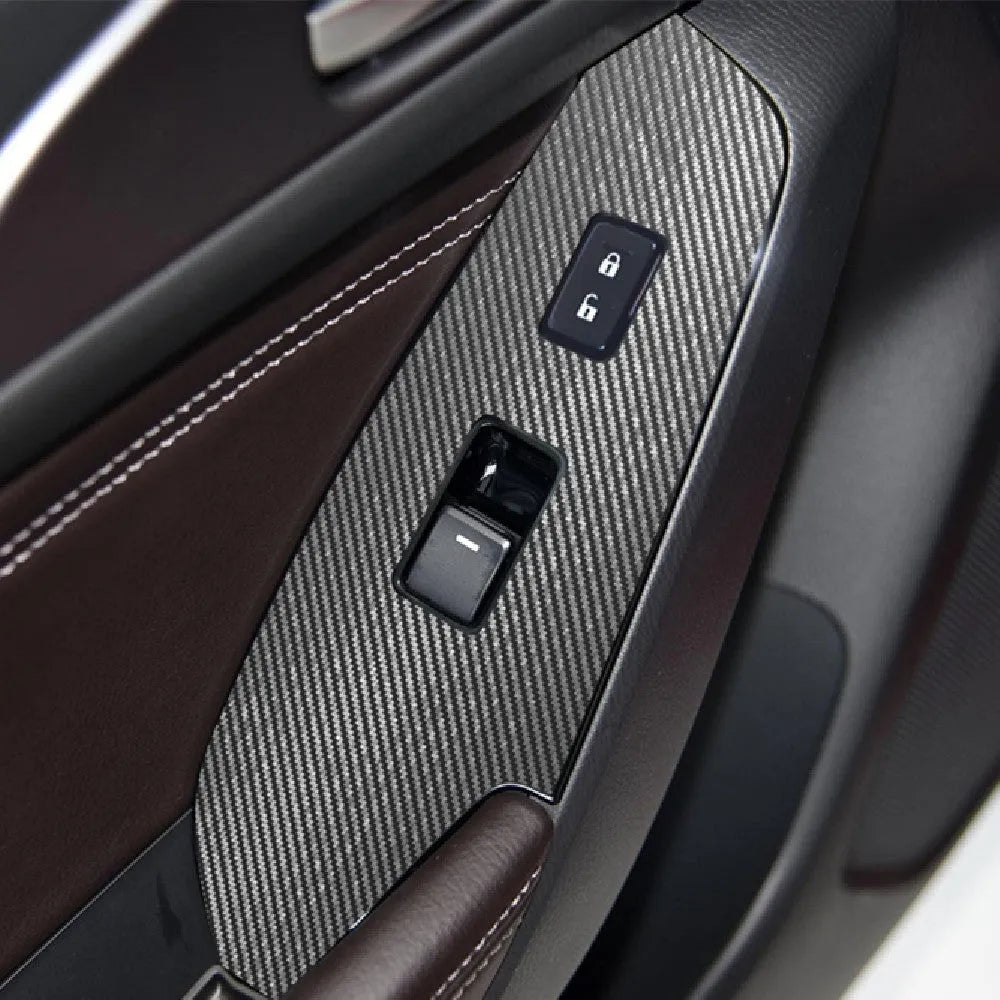 Set of four TPU protective films for car door control panel, shown in transparent, matte black, and carbon fibre black finishes.