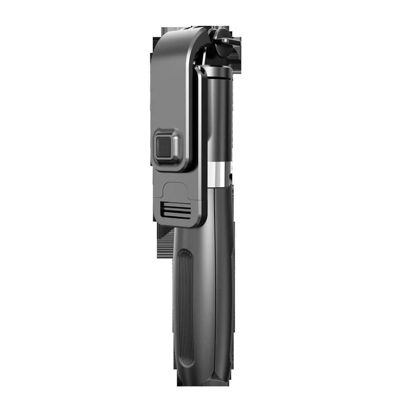 Black Bluetooth selfie stick with wireless remote, extended next to its tripod base.