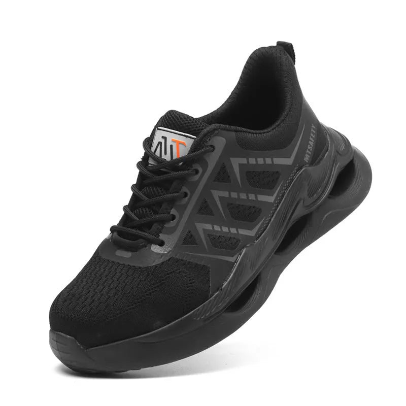Black steel toe safety shoes with flat knitted uppers and lace-up front