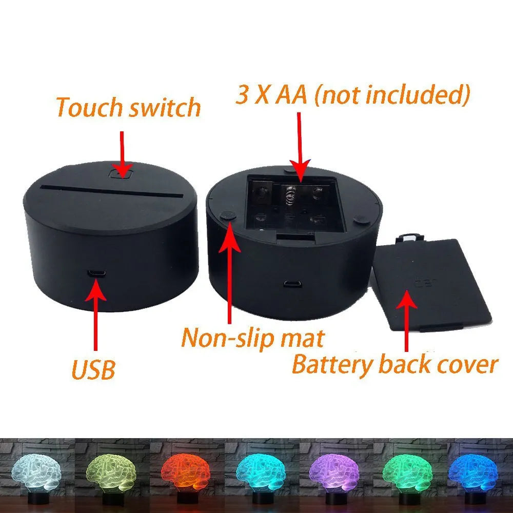 3D acrylic brain illusion LED desk lamp with colour changing remote control on wooden desk