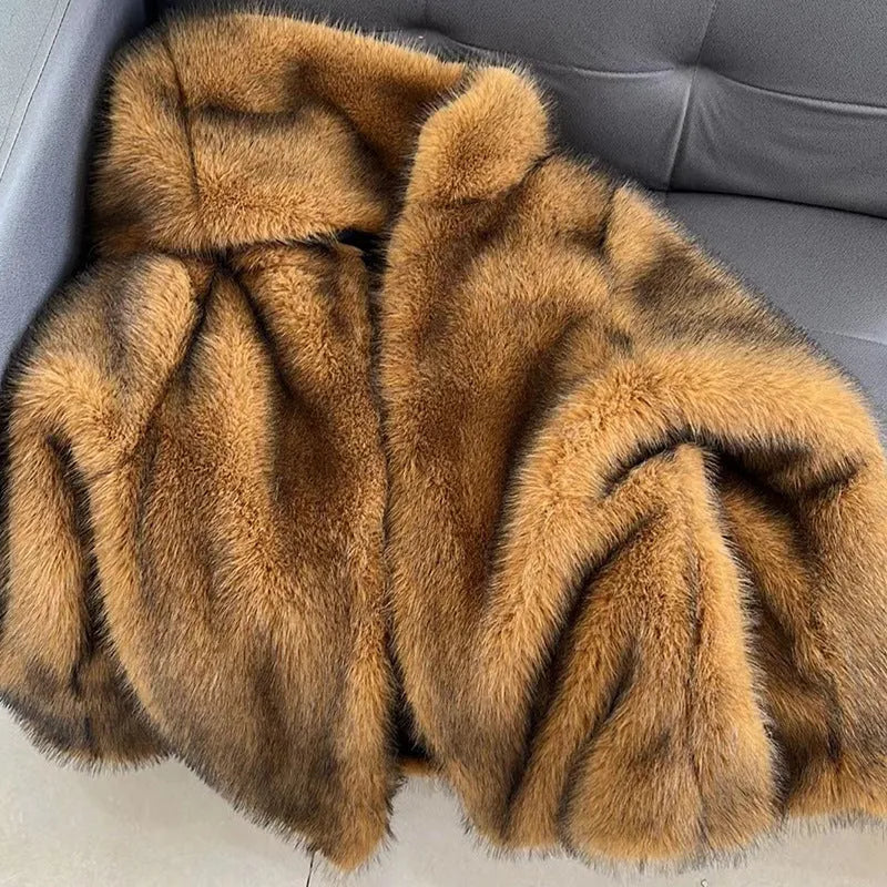Women's silver grey artificial fur coat with medium-length loose design and regular sleeves