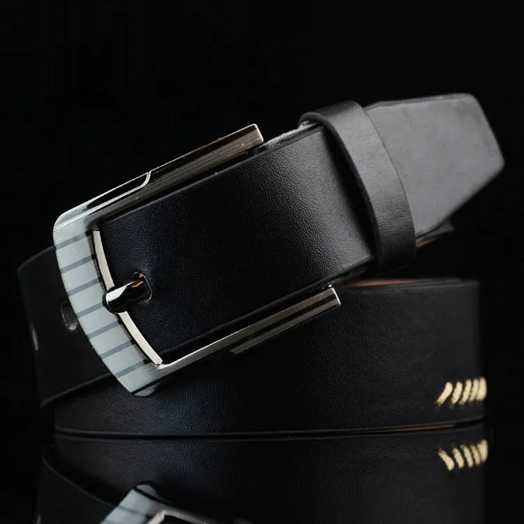 Men's retro threading pattern casual belt with pin buckle in black, brown and white colour options
