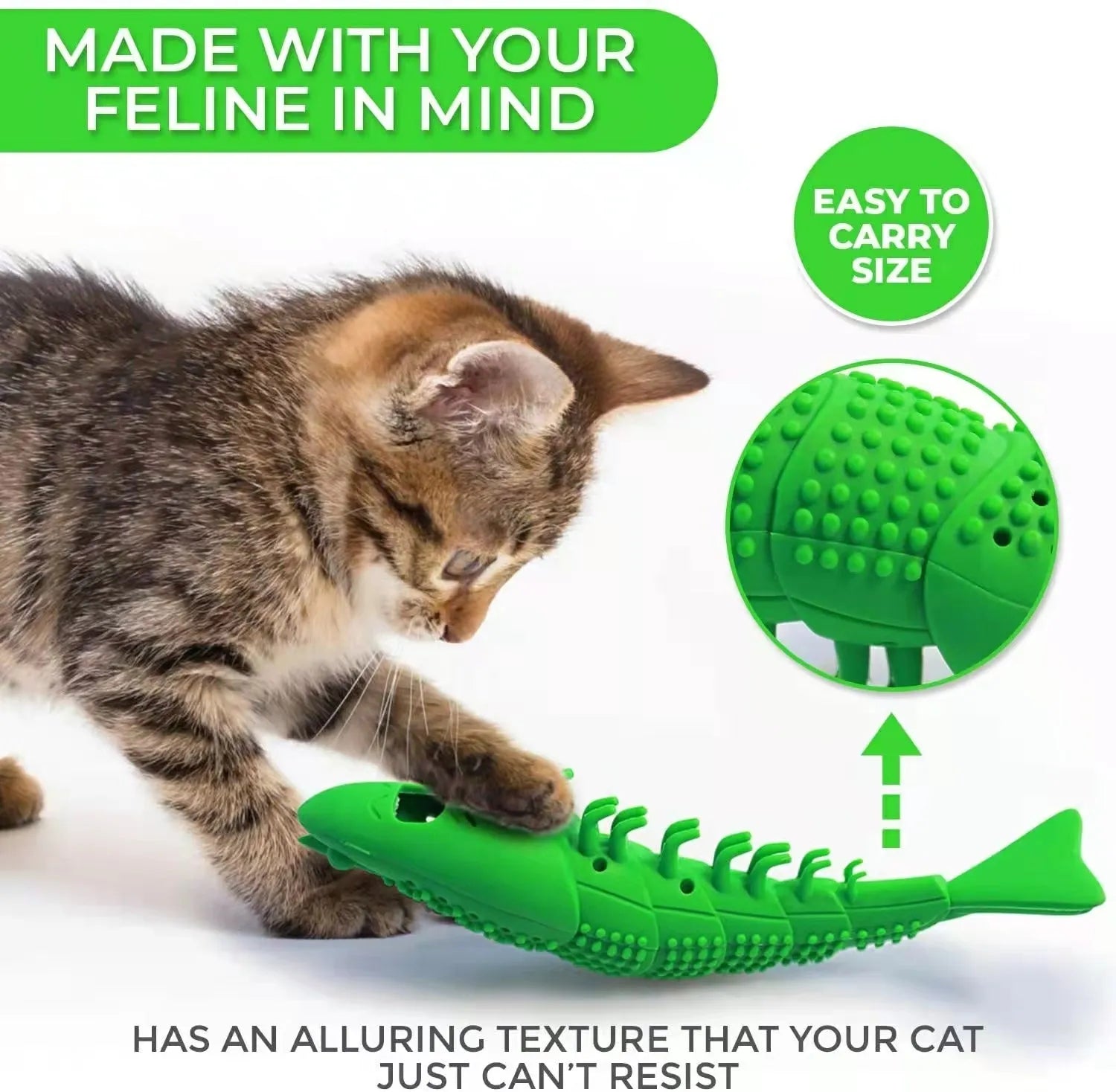 Blue hard rubber catnip chew toy with dental cleaning texture and interactive bell