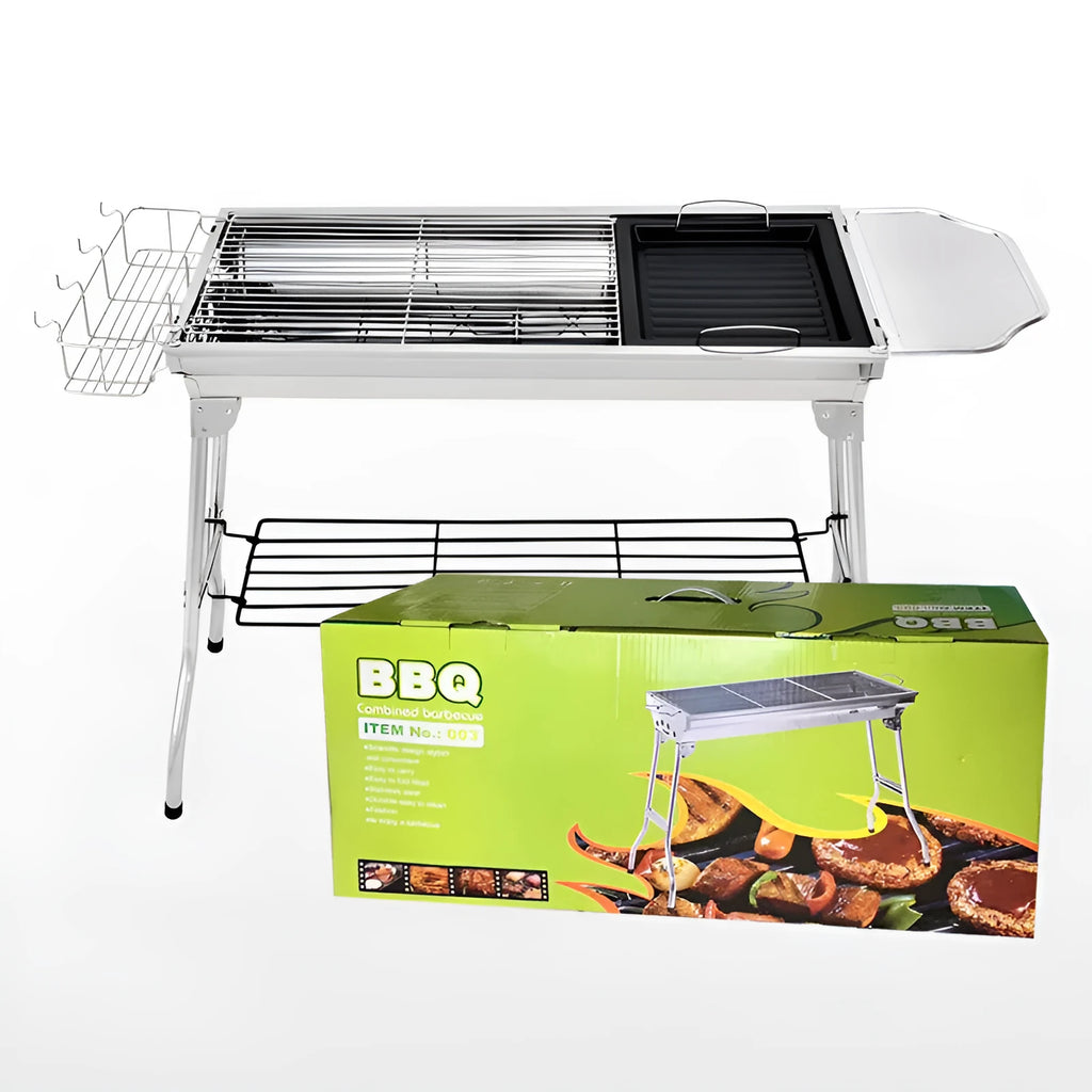 Stainless steel portable charcoal barbecue oven with turnover design and cooking accessories