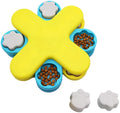 Yellow dog puzzle feeder toy with three rotating layers and a non-slip base for slow feeding and IQ training.