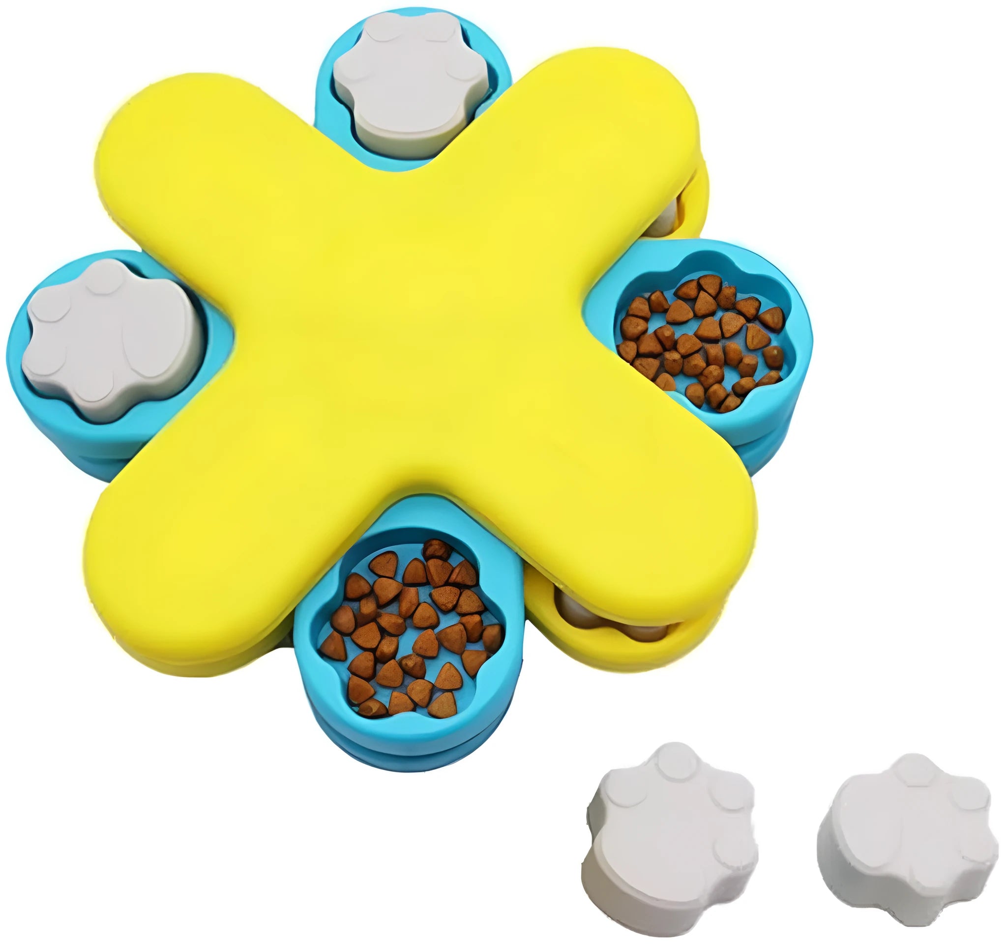 Yellow dog puzzle feeder toy with three rotating layers and a non-slip base for slow feeding and IQ training.