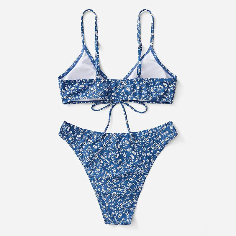 Blue polyester swimsuit three-piece set without steel rings showing top and shorts