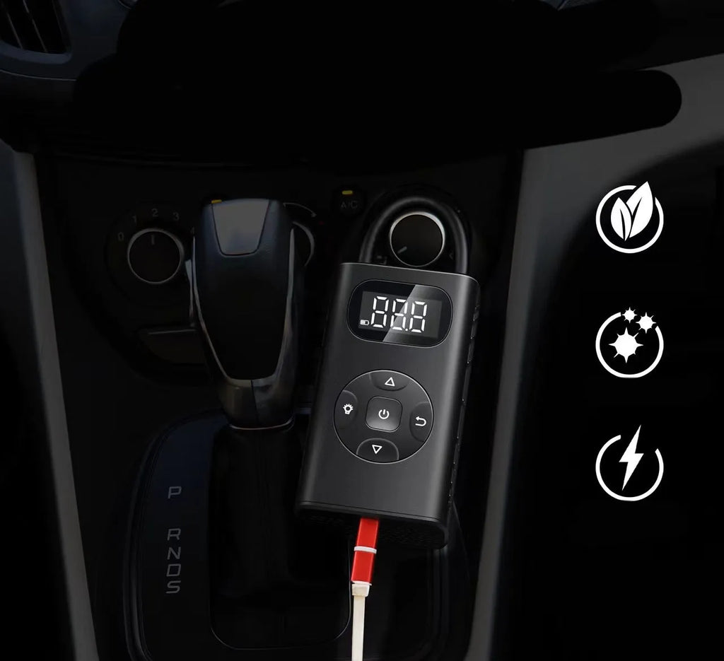 Black aviation material power bank tyre inflator with 16cm tube and USB cable