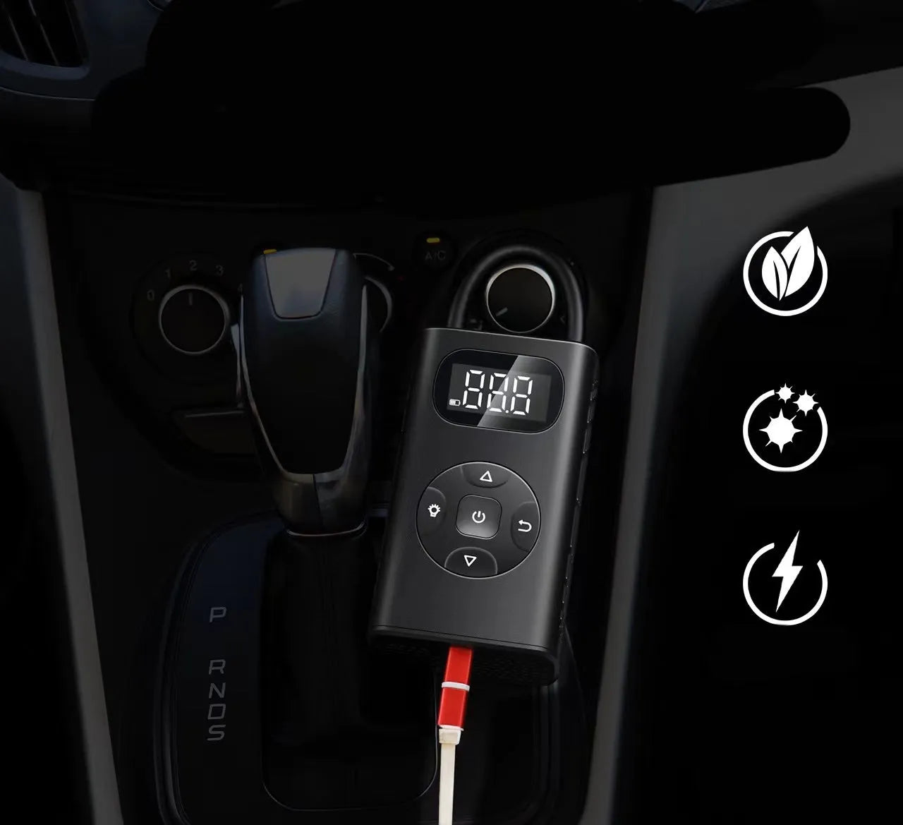 Black aviation material power bank tyre inflator with 16cm tube and USB cable