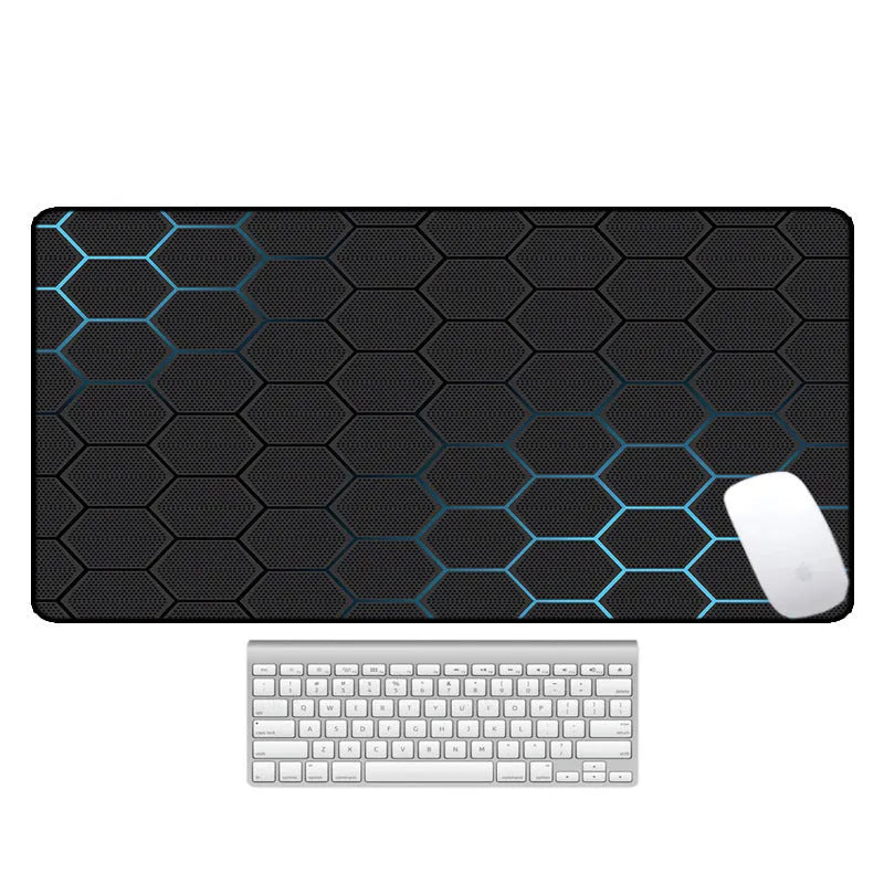 Large natural rubber mouse pad with thermal transfer pattern on desk showing non-slip base and multiple size options