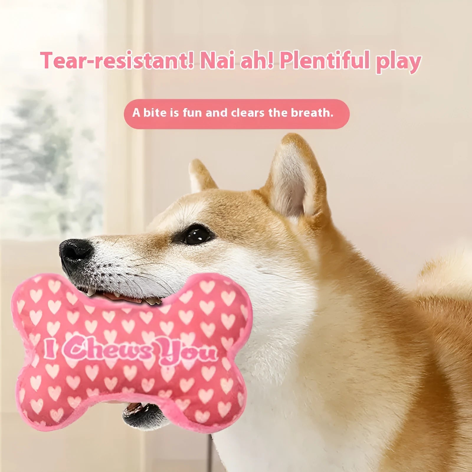 A PP plastic plush pet chew toy in one of four colours: bone powder, bone white, peach heart pink, or peach heart red.
