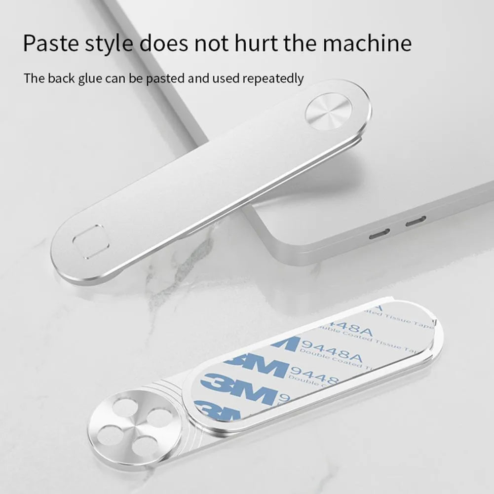 Aluminium laptop phone holder with magnetic clip mounted on laptop edge holding smartphone