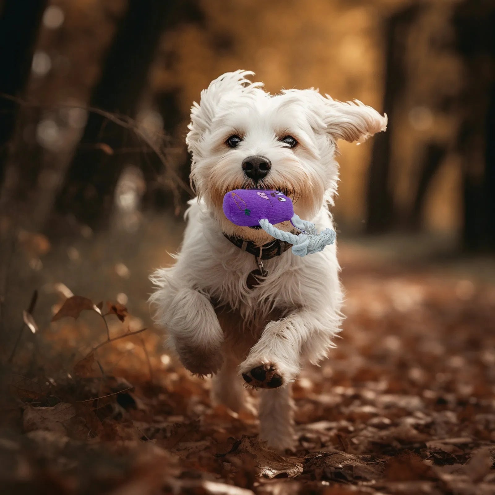 Blue bone-shaped teddy dog toy with squeaky ball inside and corn fleece lining