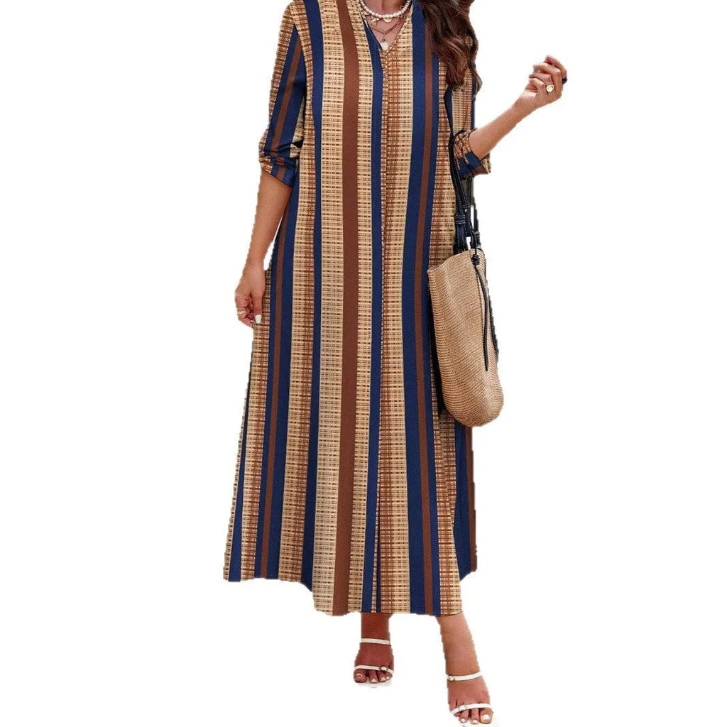 Camel vertical stripe knitted V-neck dress with A-line skirt and long sleeves