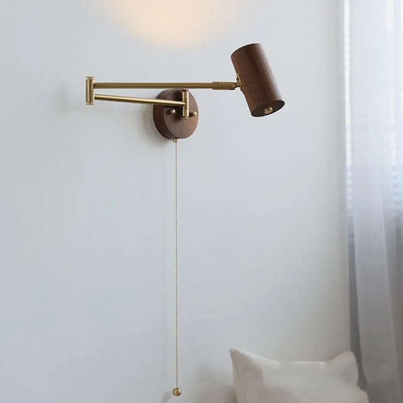 Retro wooden wall lamp with rotating long arm and integrated switch in walnut finish