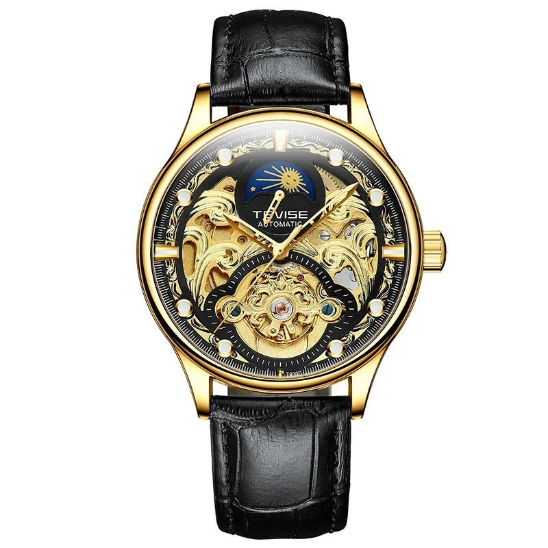 Men's waterproof automatic mechanical watch with 16mm thickness and leather strap