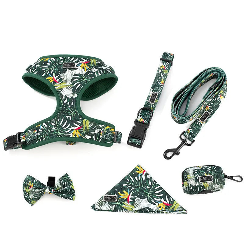 Adjustable cloth dog harness set with six pieces including vest, collar, rope, waste bag, bow tie, and scarf