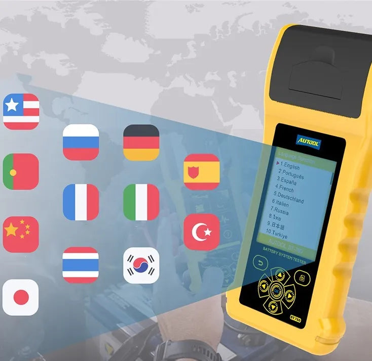 Autool BT760 colour screen automotive battery tester with clip leads and printed diagnostic receipt.