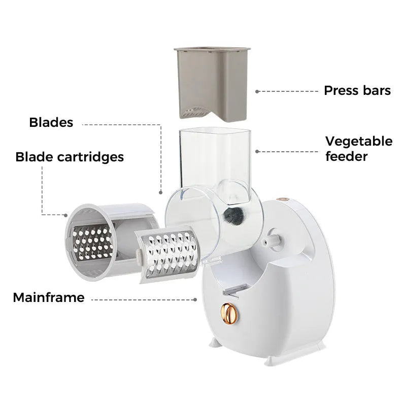 White and green electric vegetable slicer with suction base, feeding port, and multiple blades for cutting potatoes and carrots.