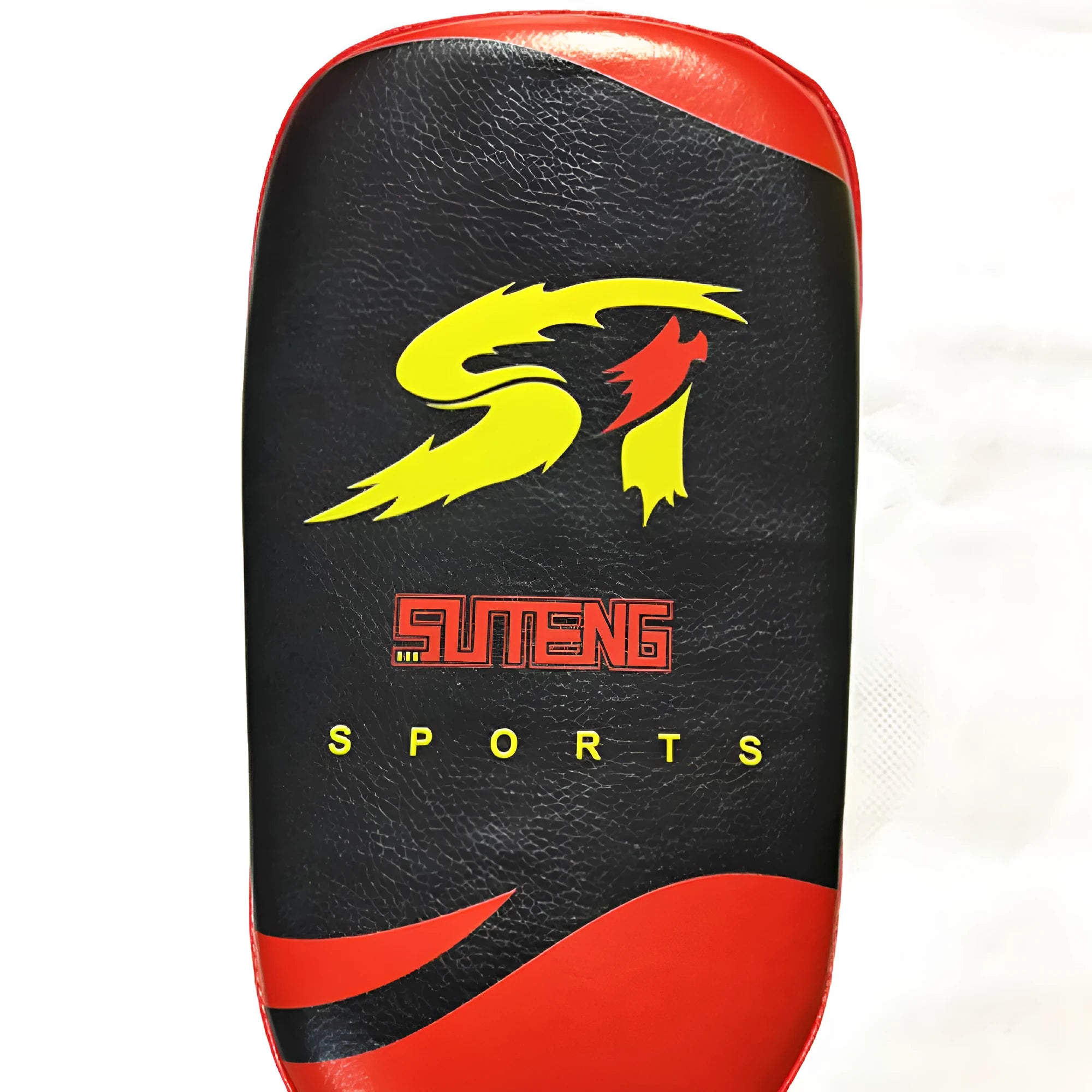 Red and black square hand-held martial arts training pad for kicks and punches.