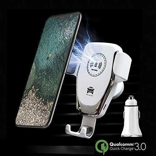 Black car wireless charger for iPhone mounted on a car vent with phone secured in automatic gravity clamp.