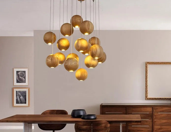 Nordic style solid wood ball chandelier pendant light with adjustable cord