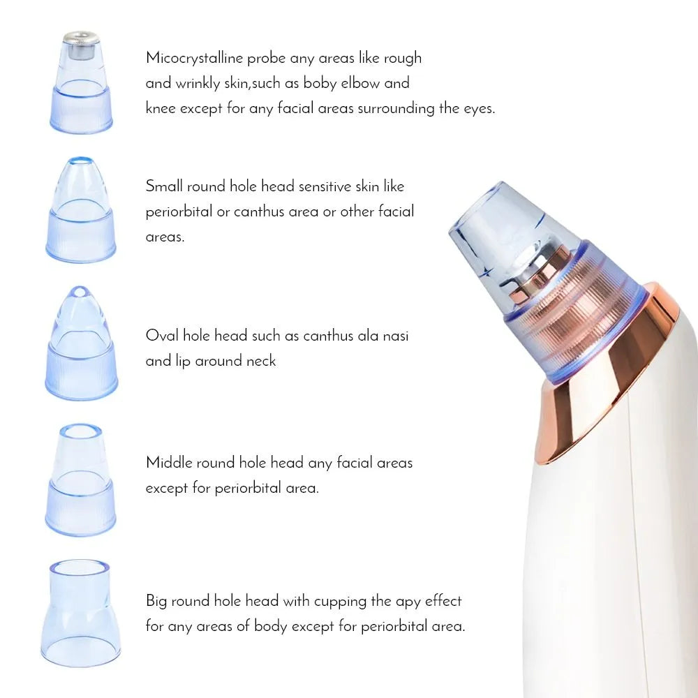 Electric blackhead remover device with five nozzle attachments in black, gold, red, or white colour options.