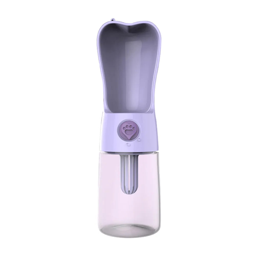 Portable pet water bottle feeder 250ml with ABS cap, PC bottle, and activated carbon filter, shown in blue