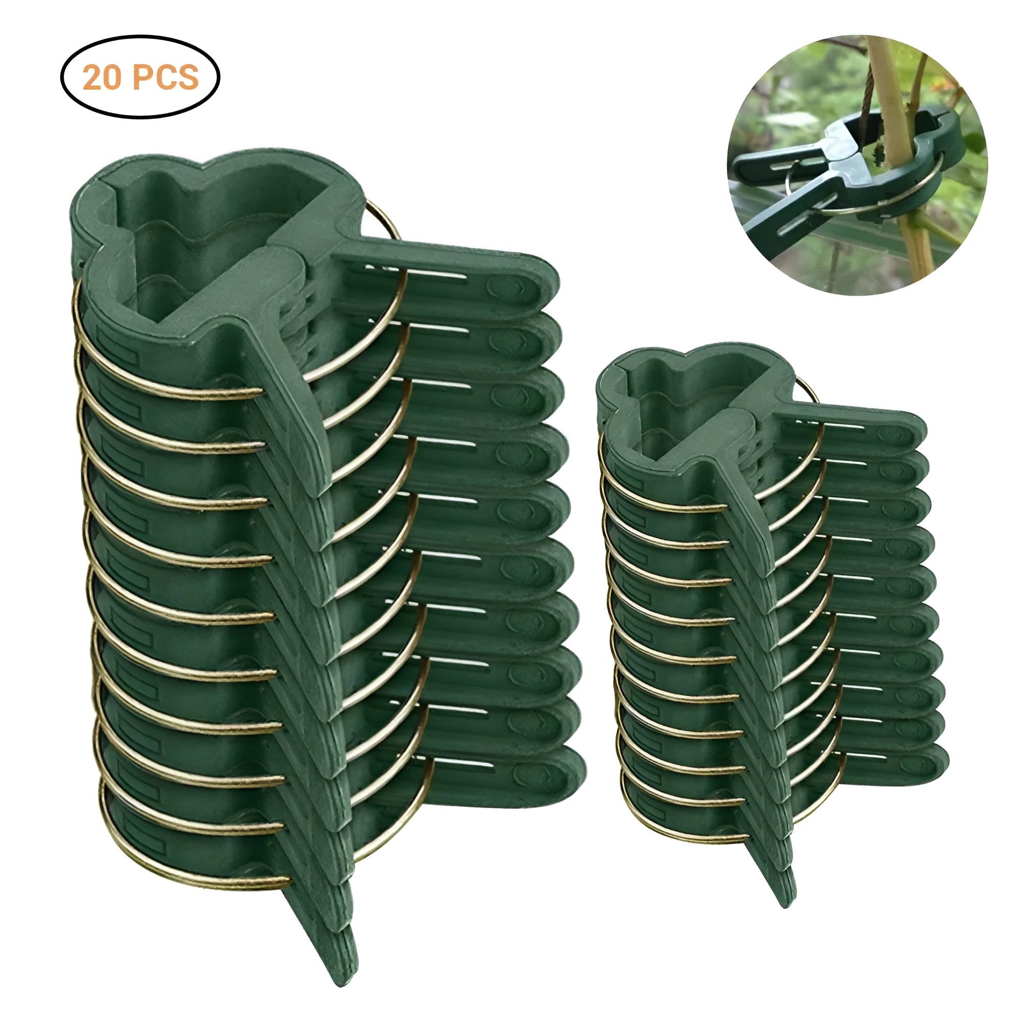 Green plant support clips in large and small sizes for climbing garden plants