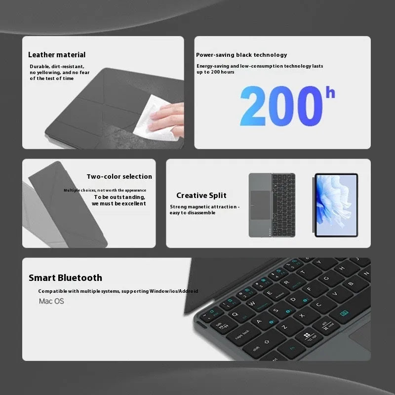 Grey wireless Bluetooth folding keyboard for mobile phones and tablets showing collapsed portable design