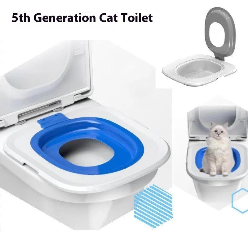 Fifth generation blue cat training toilet with shaped litter tray and grey non-slip mat on floor.