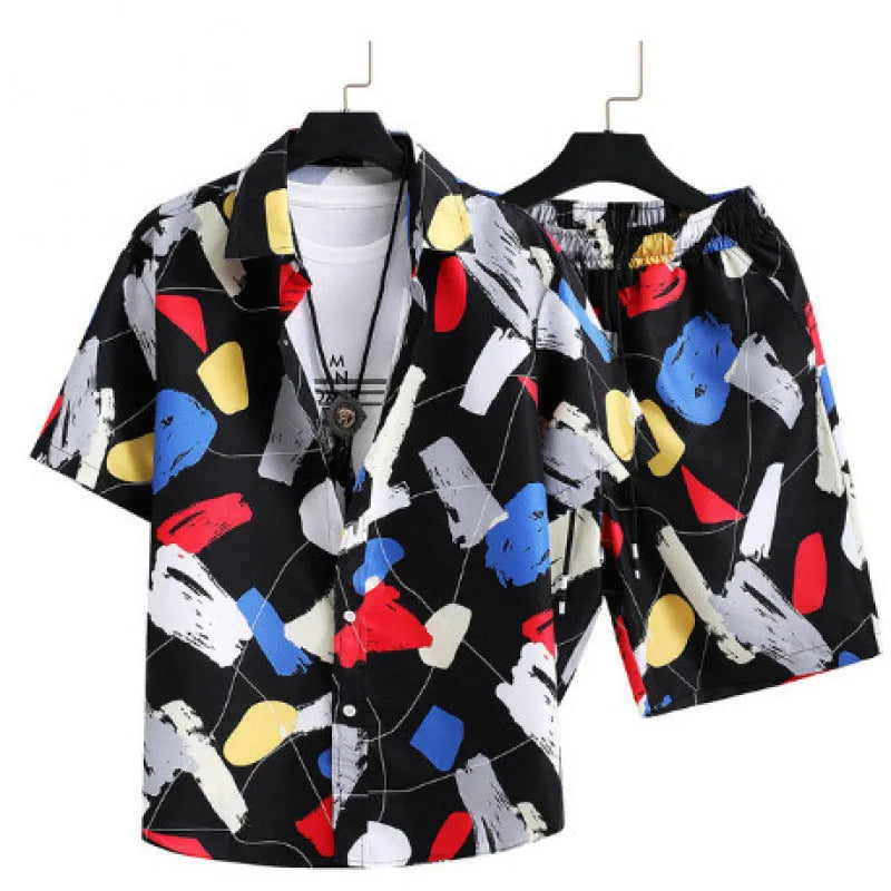 Men's digital print cardigan suit set with short sleeve shirt and elastic shorts in multiple colour options