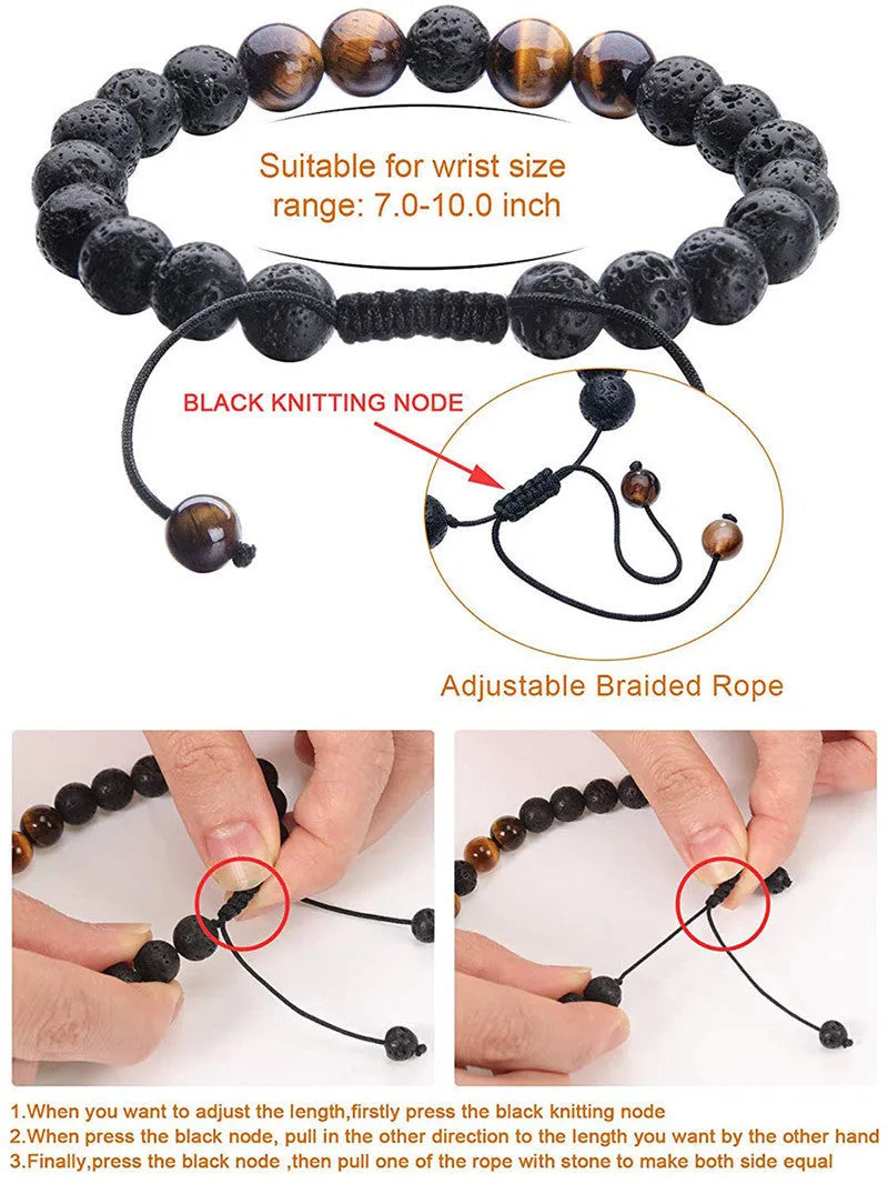 Tiger eye and matte black agate geometric couple bracelets with multiple style options