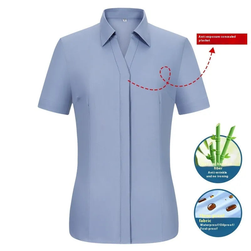 Men's short sleeve bamboo fiber shirt with square collar in solid color, featuring waterproof and stain resistant business formal style