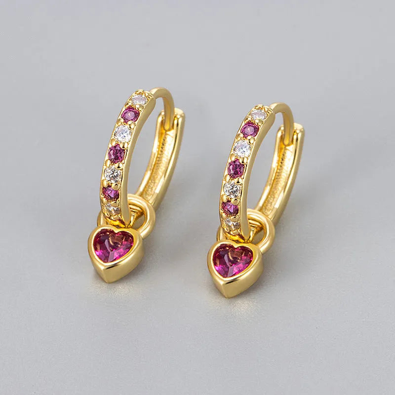 Women's heart-shaped drop earrings with coloured zircon gemstones in gold or white gold plating