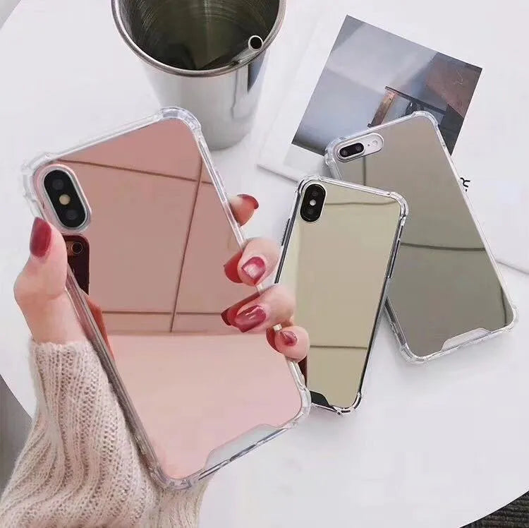 Mirror finish iPhone case in various colours showing reflective surface and TPU soft protective construction